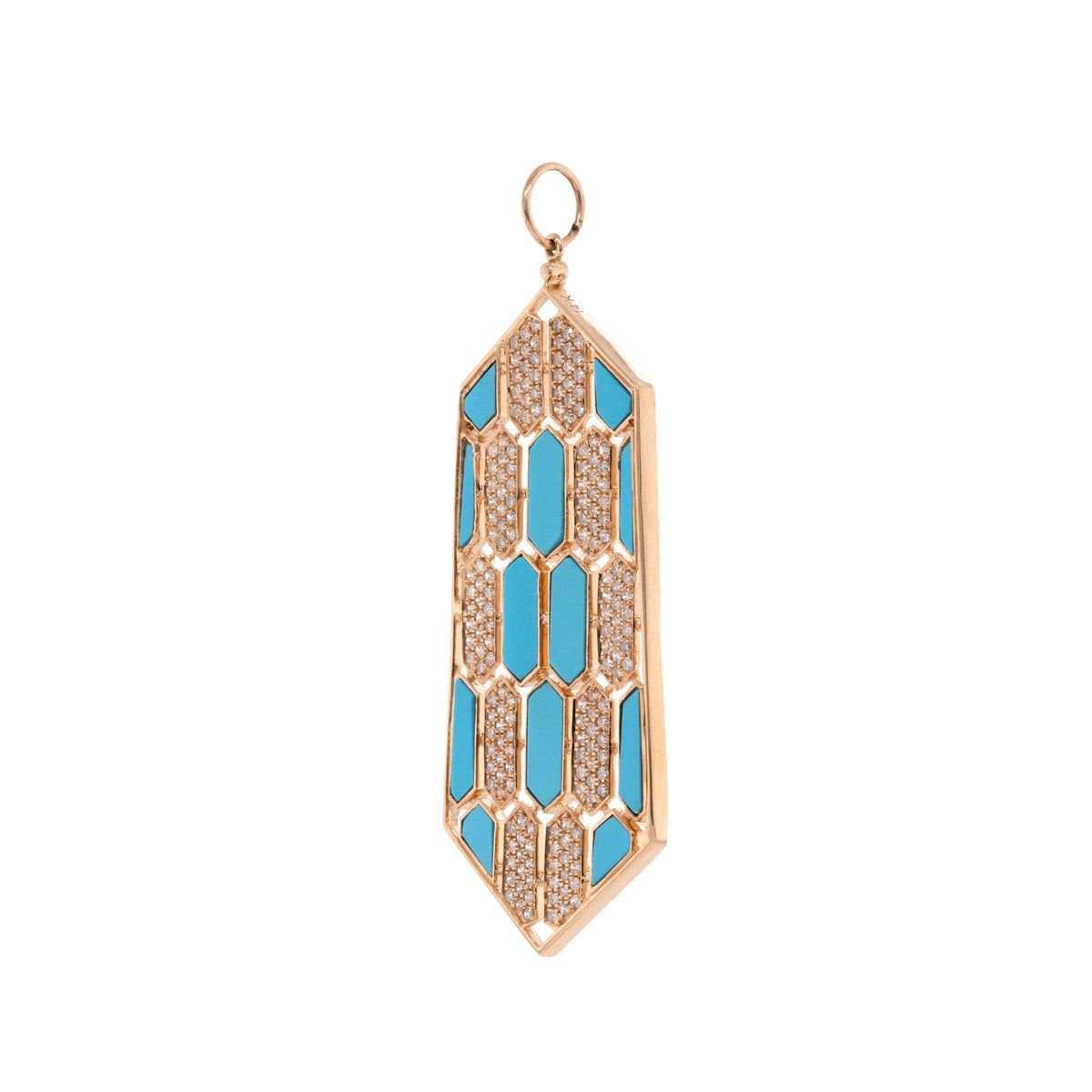 Large Turquoise Mosaic Pendant: 14K gold pendant with geometric patterns of  diamonds and Turquoise 