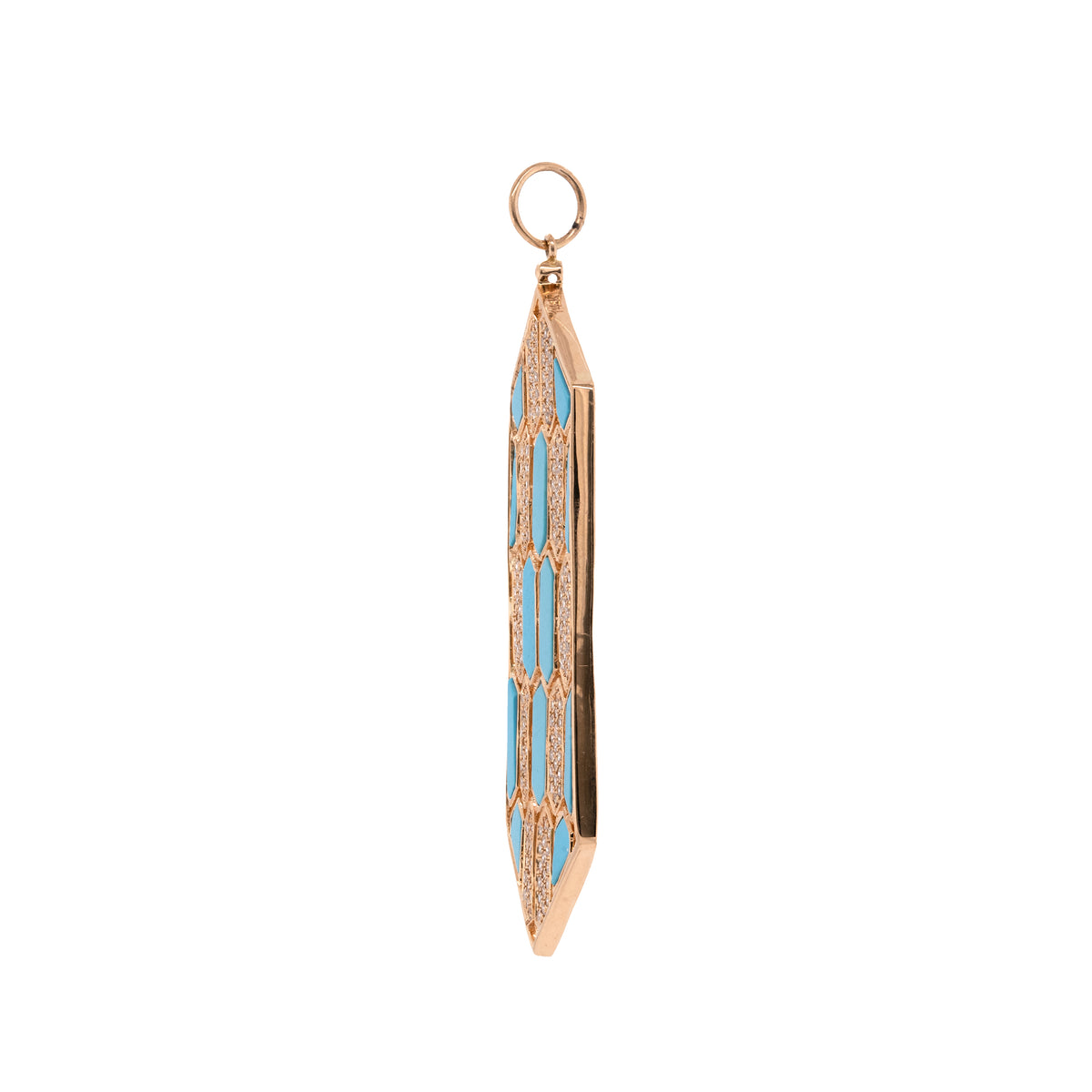 Large Turquoise Mosaic Pendant: 14K gold pendant with geometric patterns of  diamonds and Turquoise 