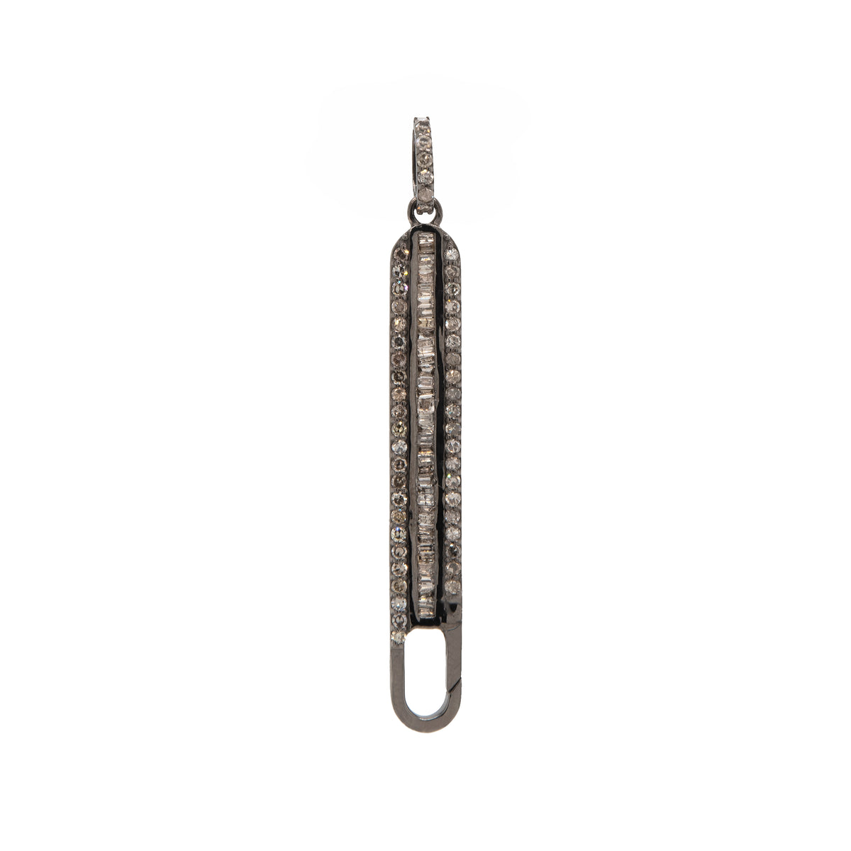 Long Baguette Diamond Charm Clasp: A sterling silver oxidized long charm with baguette champagne diamonds surrounded by smaller round champagne diamonds 