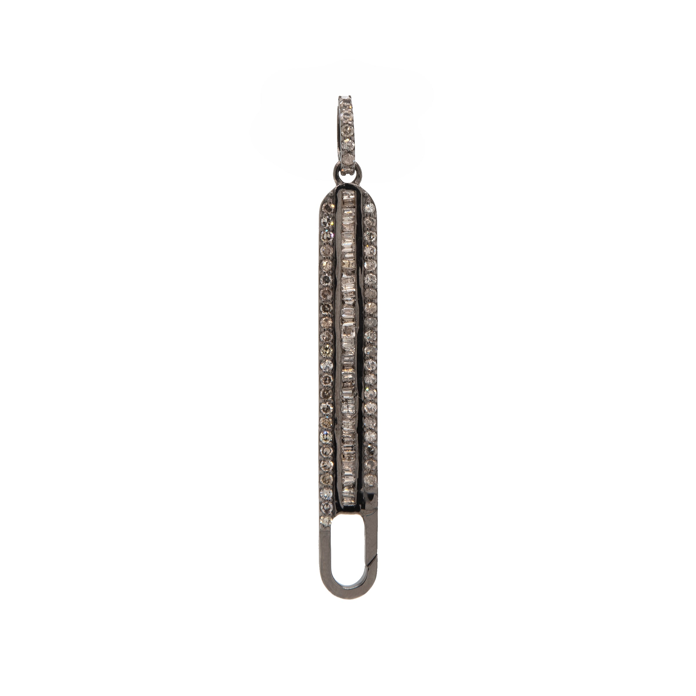 Long Baguette Diamond Charm Clasp: A sterling silver oxidized long charm with baguette champagne diamonds surrounded by smaller round champagne diamonds 
