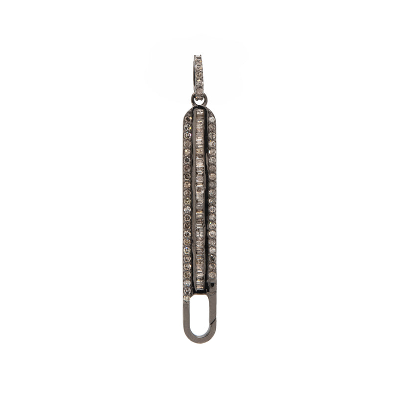 Long Baguette Diamond Charm Clasp: A sterling silver oxidized long charm with baguette champagne diamonds surrounded by smaller round champagne diamonds 
