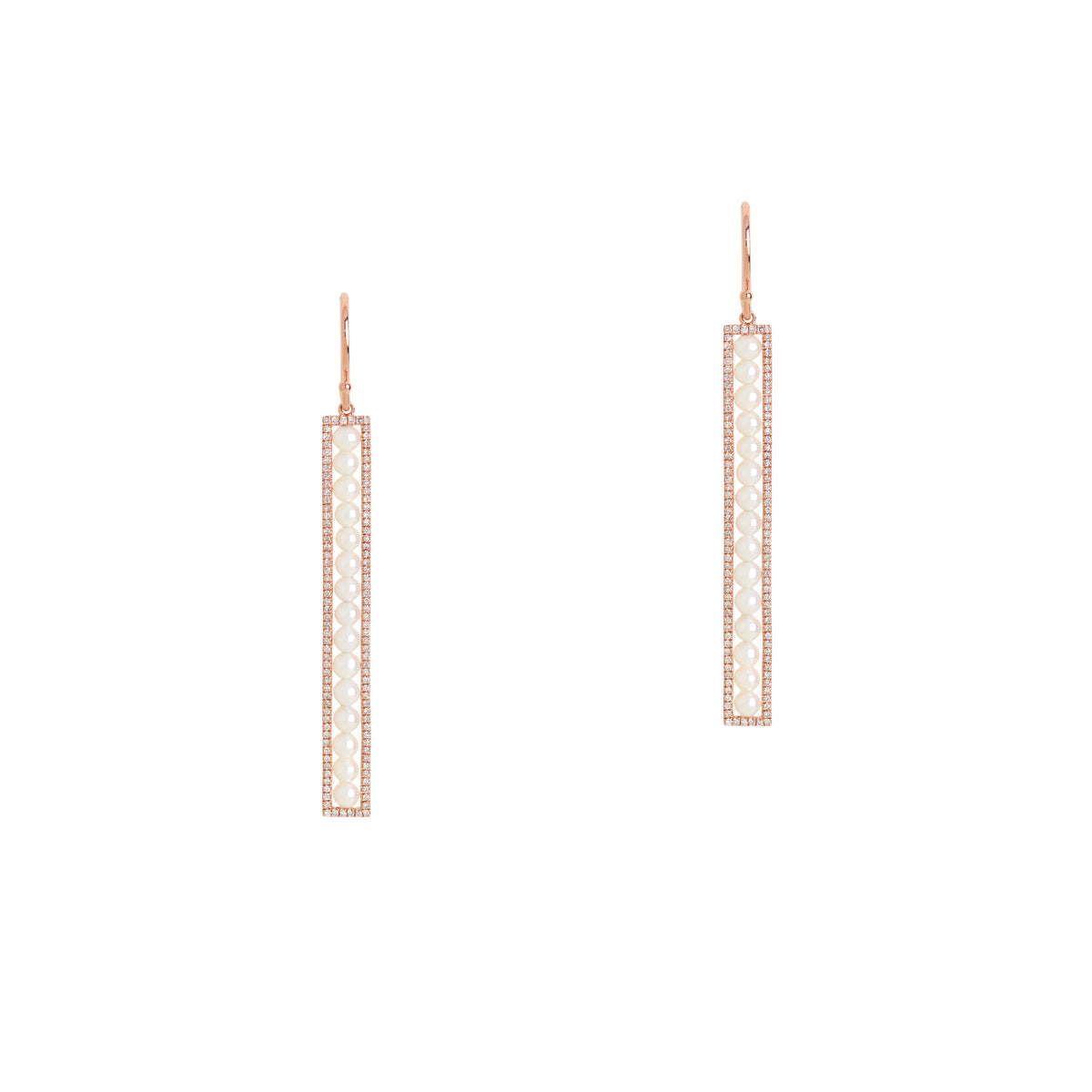 Long Diamond Pearl Bar Earrings: A pair of 14K gold earrings, each with a bar of pearls surrounded by diamonds