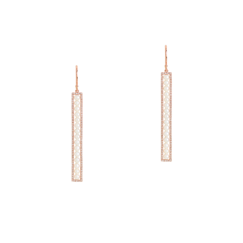 Long Diamond Pearl Bar Earrings: A pair of 14K gold earrings, each with a bar of pearls surrounded by diamonds