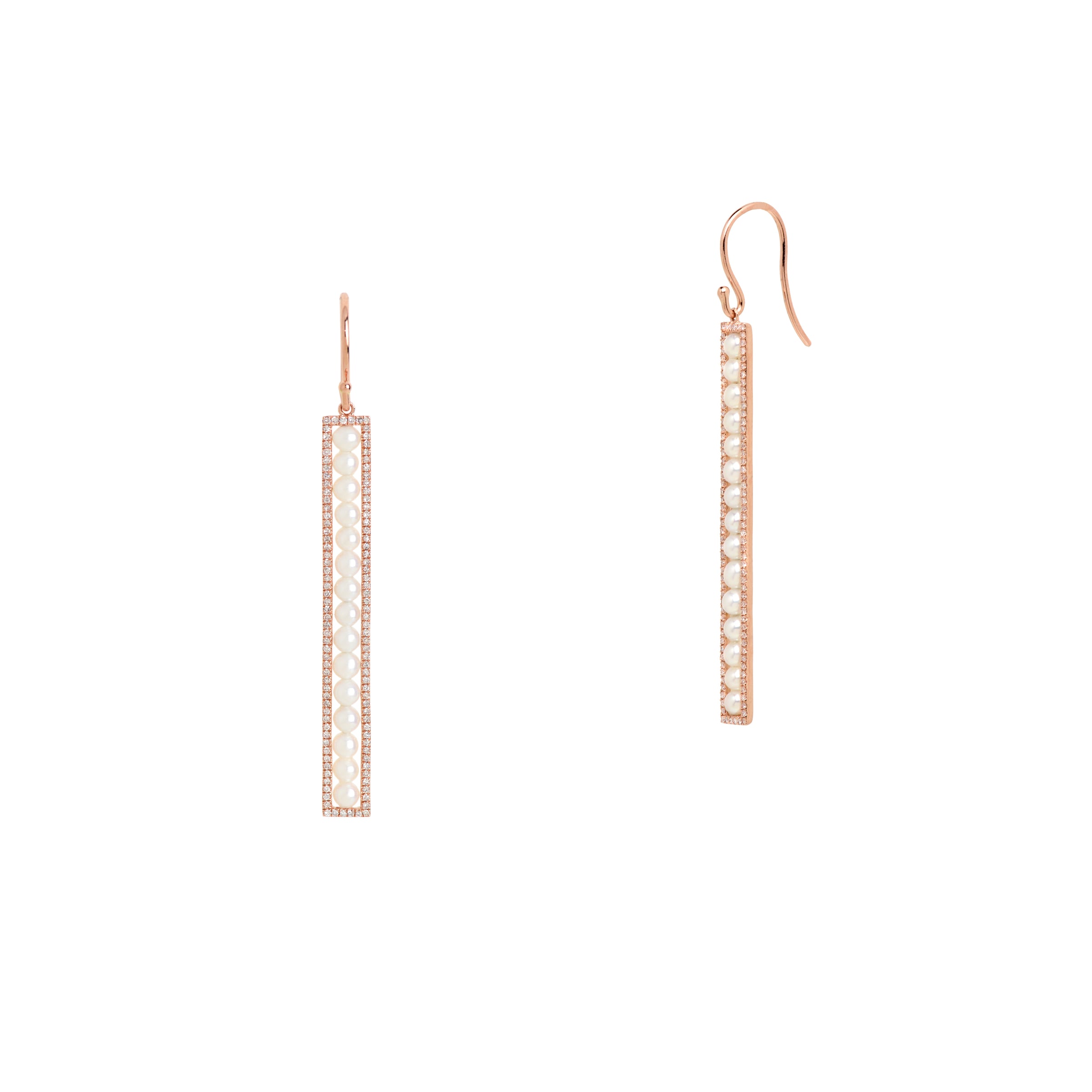 Long Diamond Pearl Bar Earrings: A pair of 14K gold earrings, each with a bar of pearls surrounded by diamonds