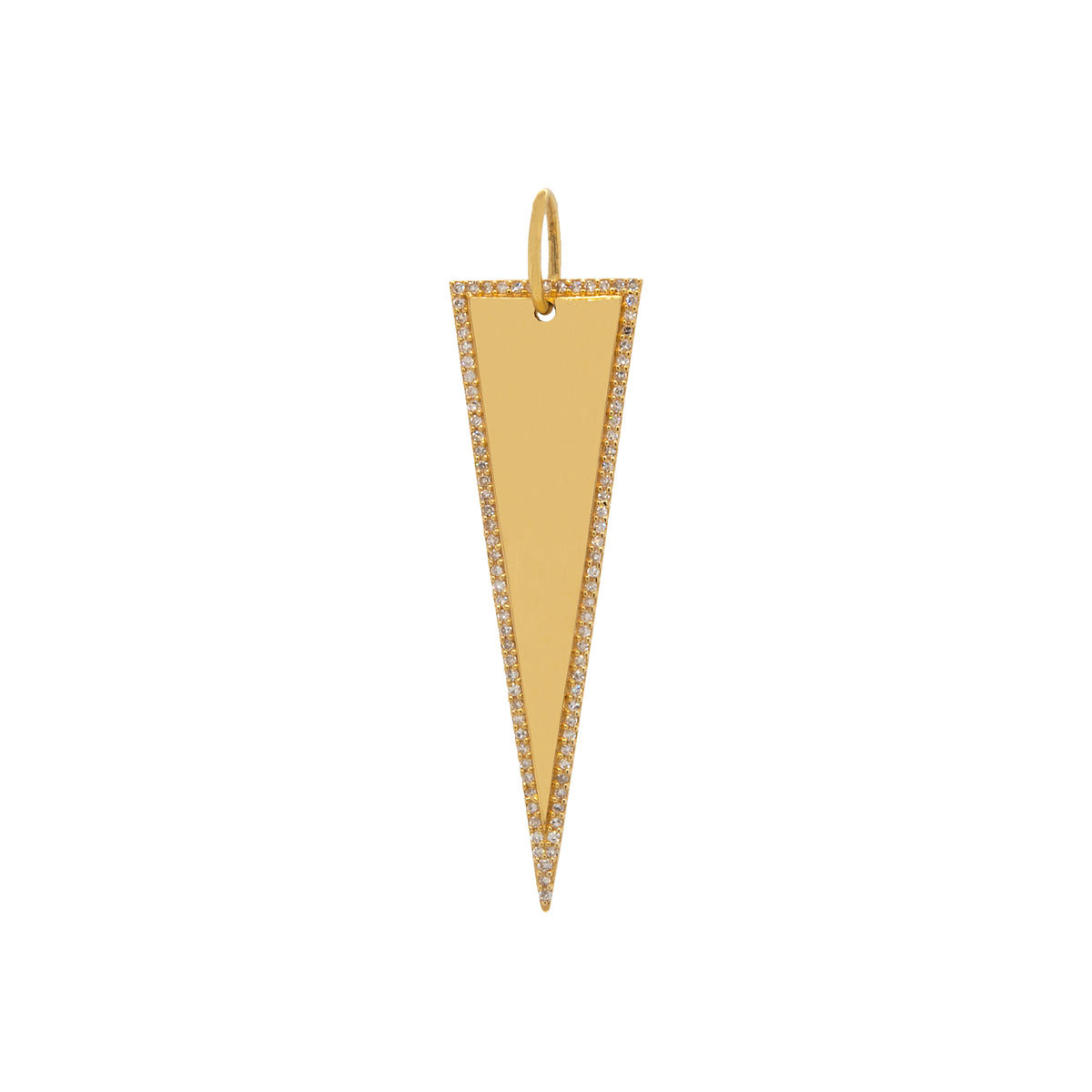 Love Triangle Dagger: A 14K gold long triangular dagger pendant with surrounding diamonds