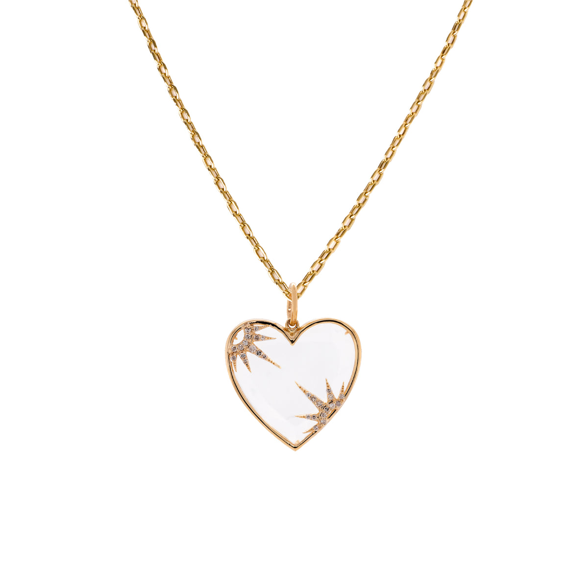 Loving Life Heart Necklace: A 14K yellow gold heart-shaped pendant with diamonds, displayed on a chain.