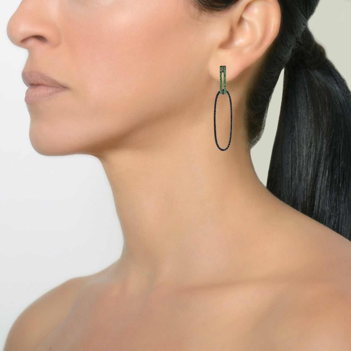GREEN GARNET OPEN BAR HUGGIES w/ REVERSIBLE GREEN GARNET & BLACK SPINEL OVAL EXTENSIONS - Bridget King Jewelry