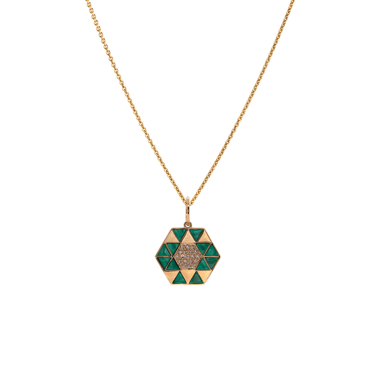 Malachite Symmetry Necklace: A yellow gold pendant featuring a geometric pattern with Malachite and diamond accents on a chain