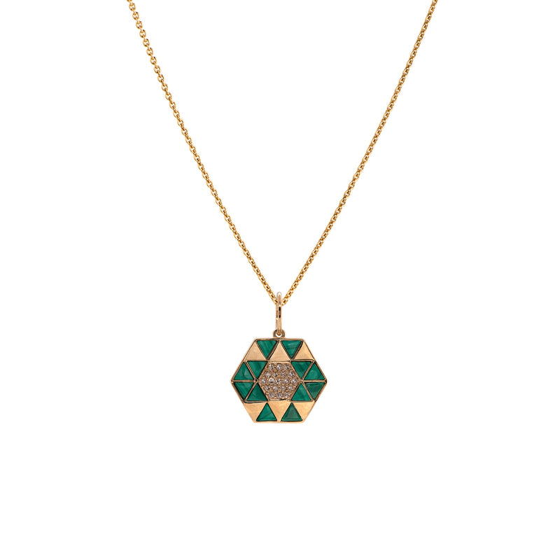 Malachite Symmetry Necklace: A yellow gold pendant featuring a geometric pattern with Malachite and diamond accents on a chain