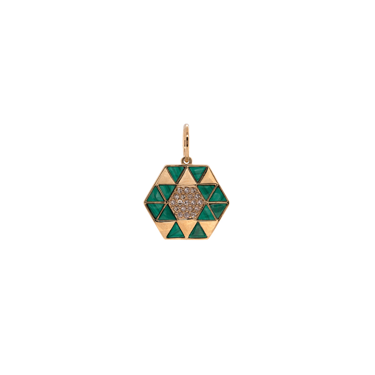 Malachite Symmetry Pendant: A yellow gold pendant featuring a geometric pattern with Malachite and diamond accents.