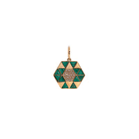 Malachite Symmetry Pendant: A yellow gold pendant featuring a geometric pattern with Malachite and diamond accents.