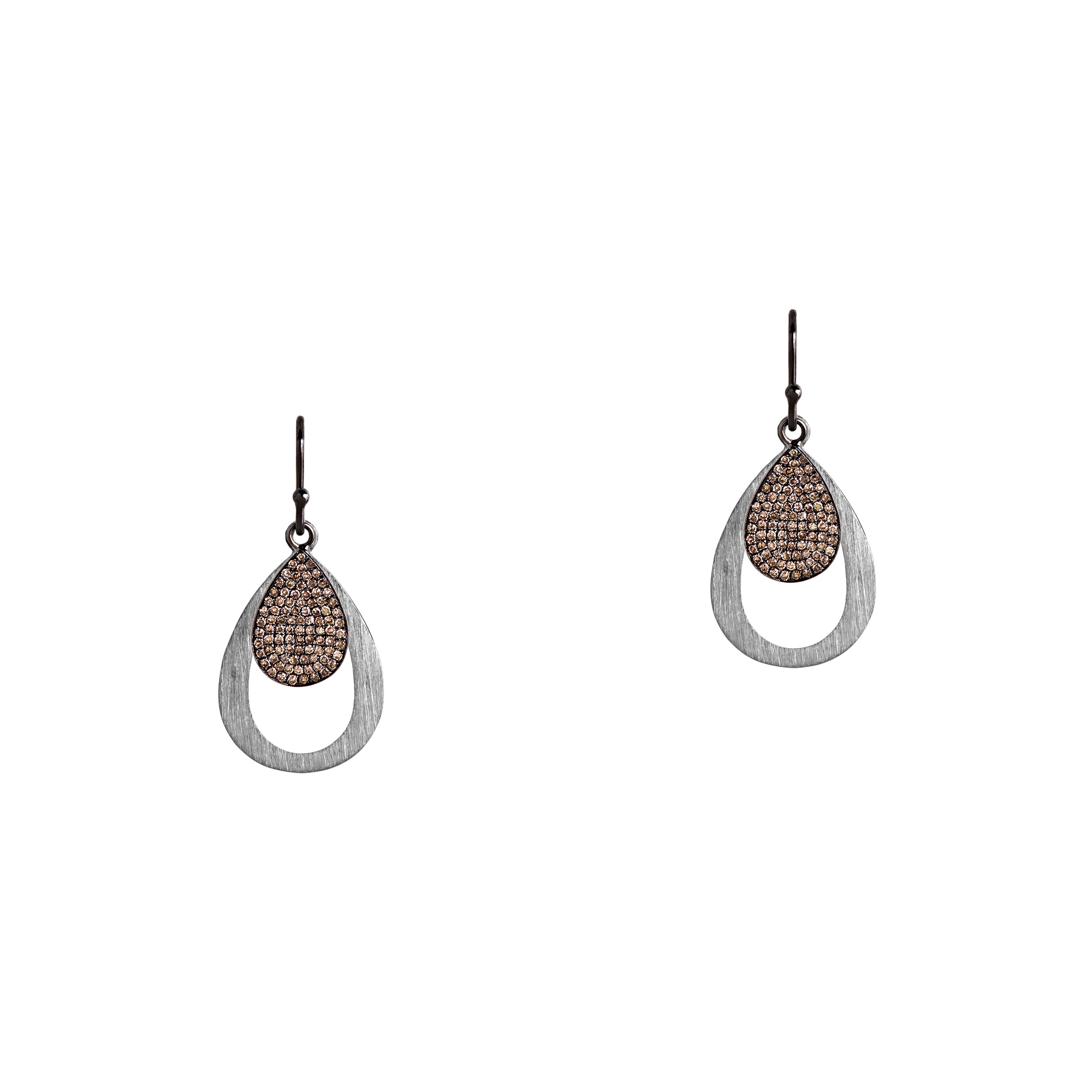 Black Gold Mini Pave Diamond & Silver Gold Small Stackable Teardrops: A pair of silver earrings that are a combination of two teardrop design earrings of different sizes displayed against a white background.