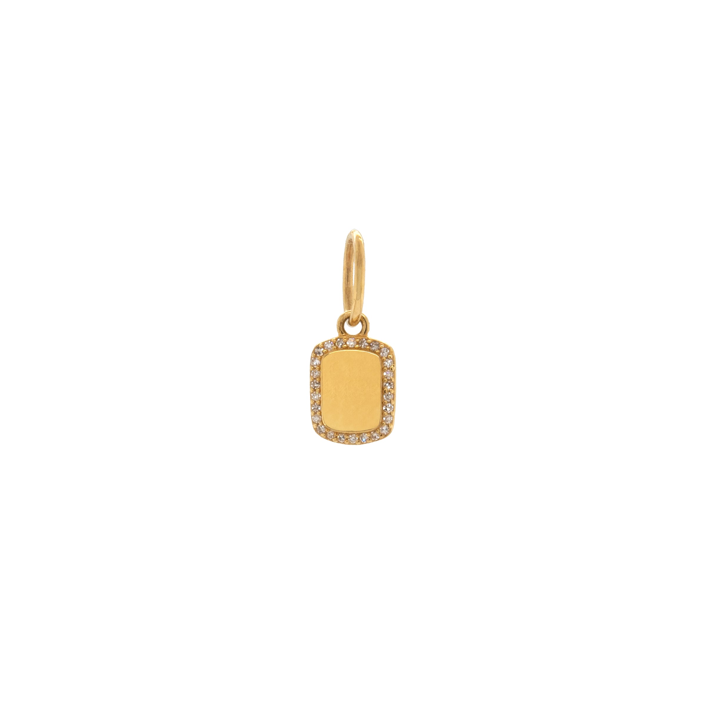 Mini Rectangular Dog Tag with Diamonds: A 14K gold rectangular dog tag with surrounding diamonds