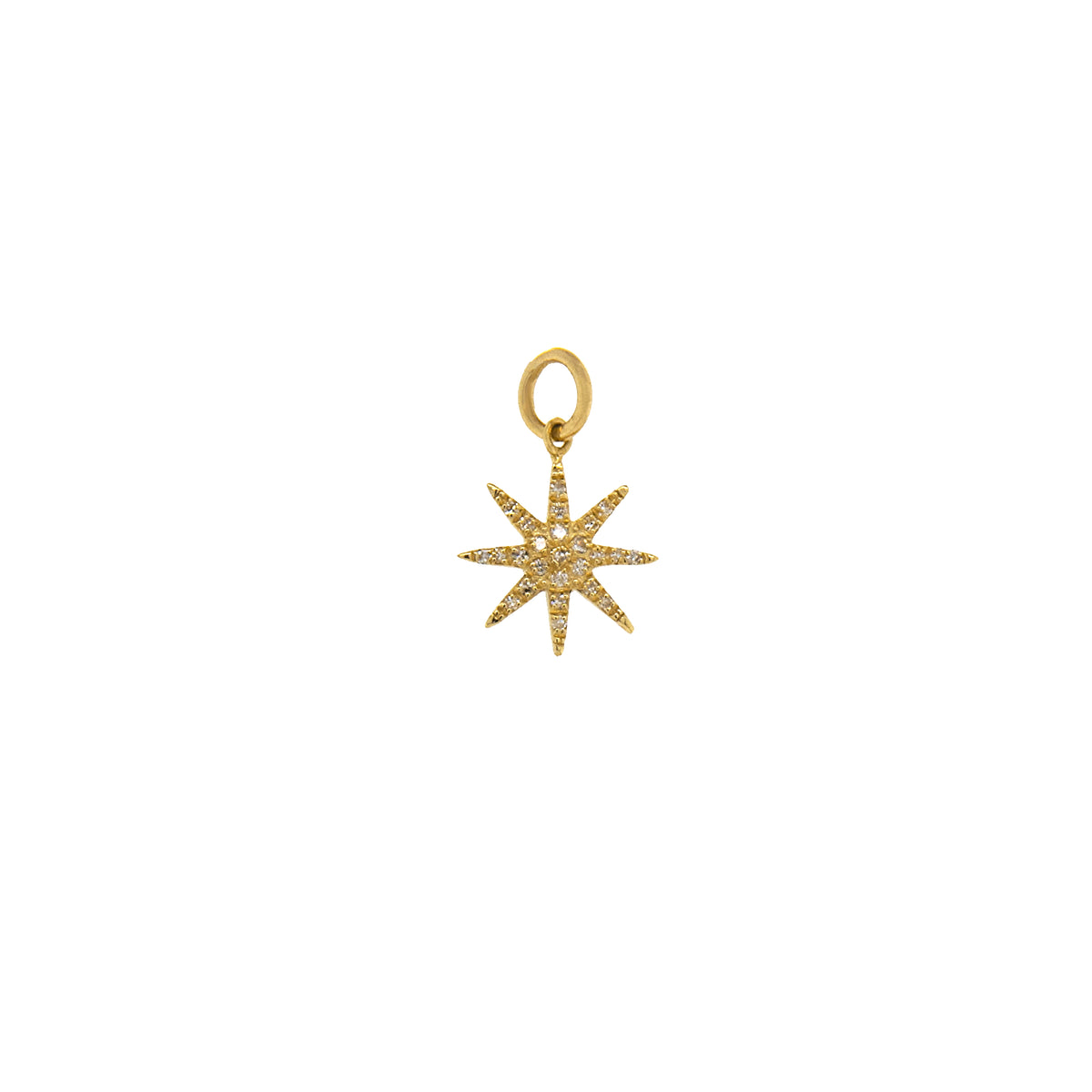 Mini Starburst Diamond Pendant: A 14K gold diamond pendant in a starburst shape, set on a plain background.