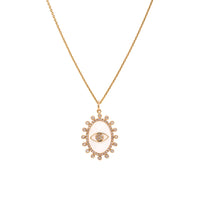 Mother-of-Pearl Dazzle Evil Eye Necklace: A 14K yellow gold pendant featuring a mother-of-pearl dazzle with an evil eye design on a chain.