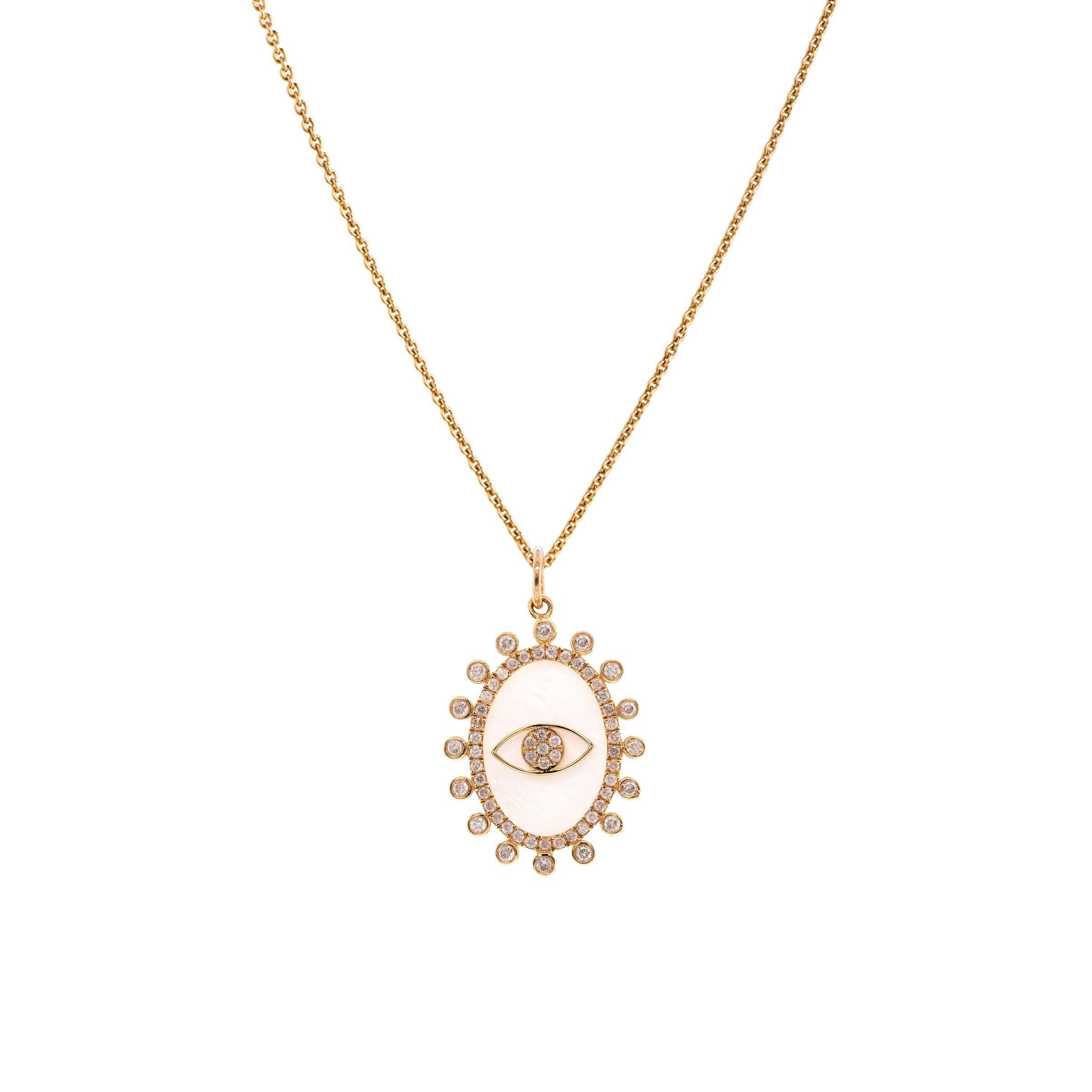Mother-of-Pearl Dazzle Evil Eye Necklace: A 14K yellow gold pendant featuring a mother-of-pearl dazzle with an evil eye design on a chain.