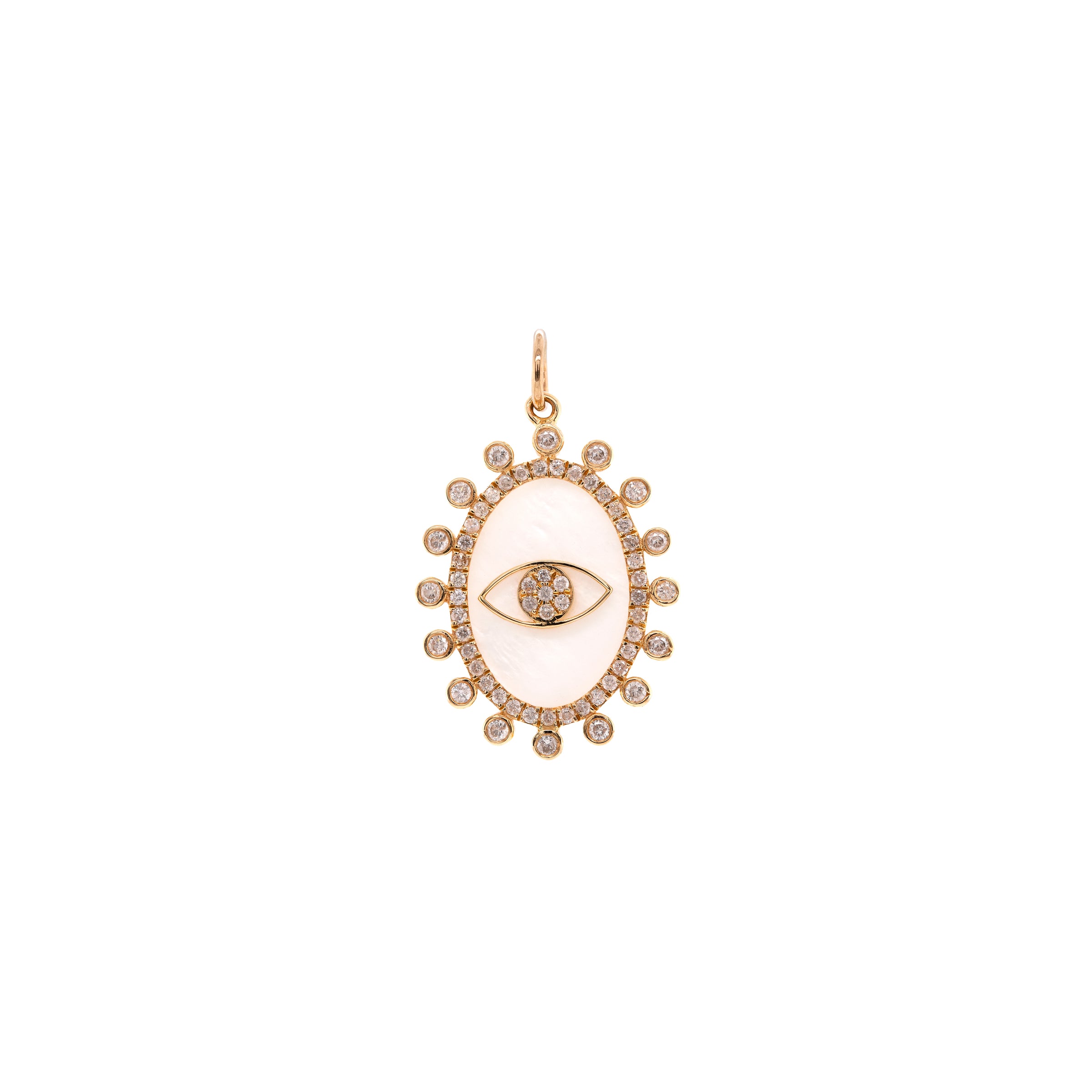 Mother-of-Pearl Dazzle Evil Eye Pendant: A 14K yellow gold pendant featuring a mother-of-pearl dazzle with an evil eye design.