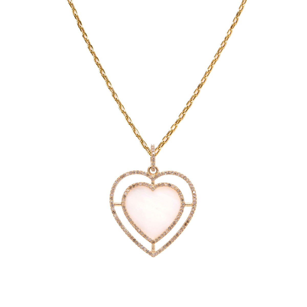 Mother-of-Pearl Halo Heart Necklace: A yellow gold pendant necklace featuring a heart-shaped mother-of-pearl with a diamond halo.