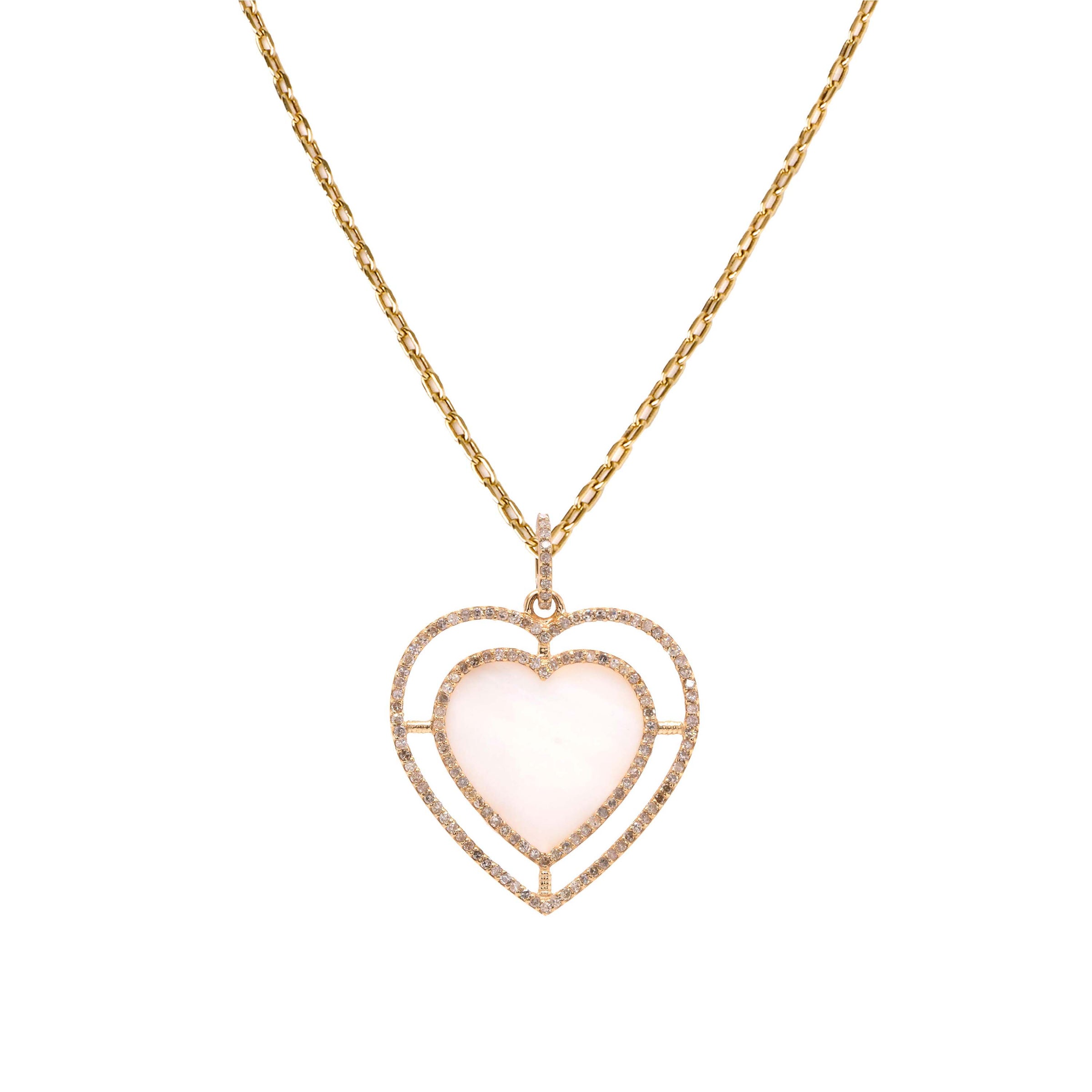 Mother-of-Pearl Halo Heart Necklace: A yellow gold pendant necklace featuring a heart-shaped mother-of-pearl with a diamond halo.