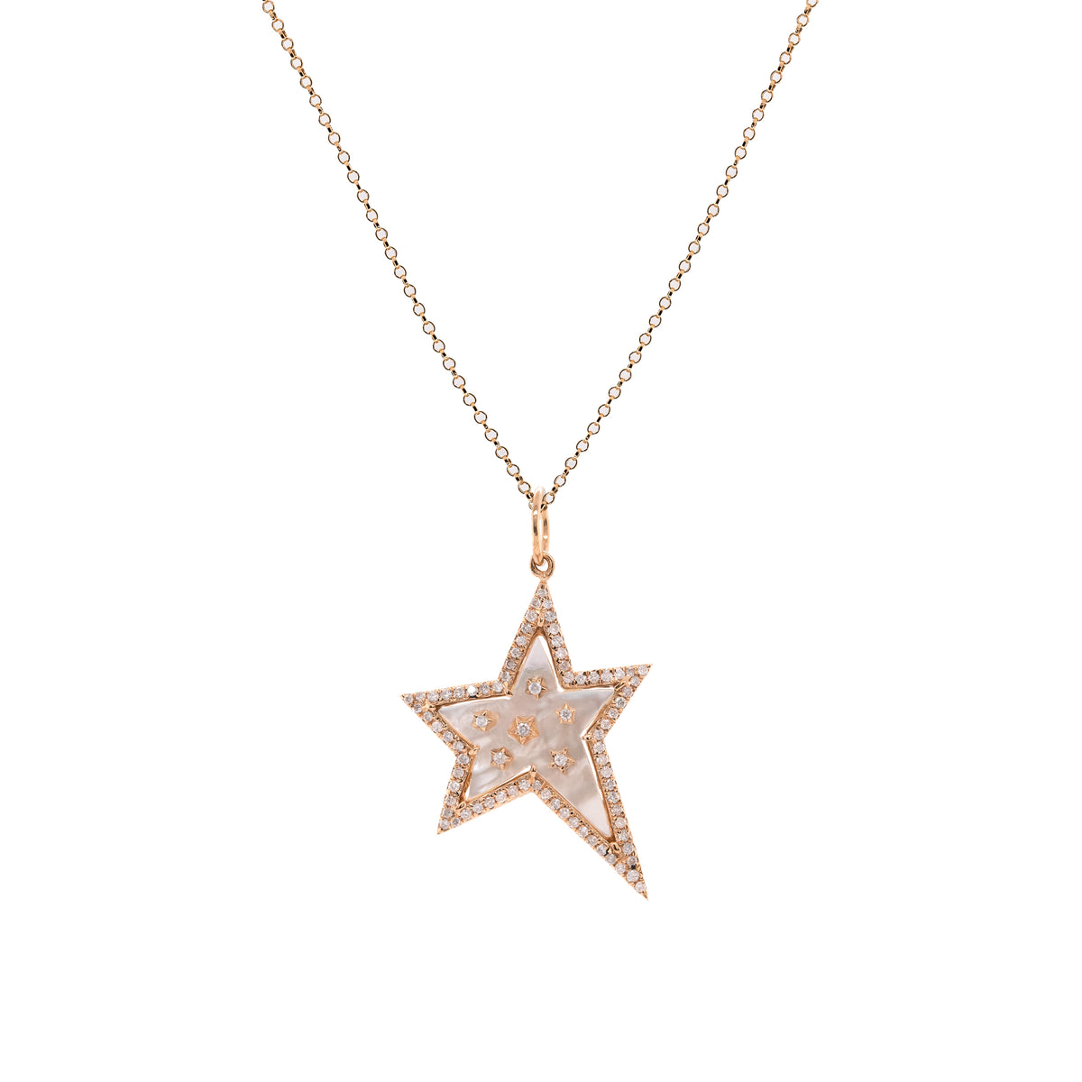 Mother-of-Pearl Shooting Star Necklace: A yellow gold pendant necklace featuring a mother-of-pearl star with diamond accents.