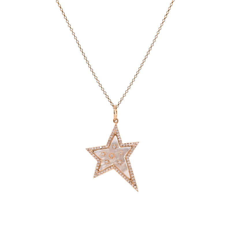 Mother-of-Pearl Shooting Star Necklace: A yellow gold pendant necklace featuring a mother-of-pearl star with diamond accents.