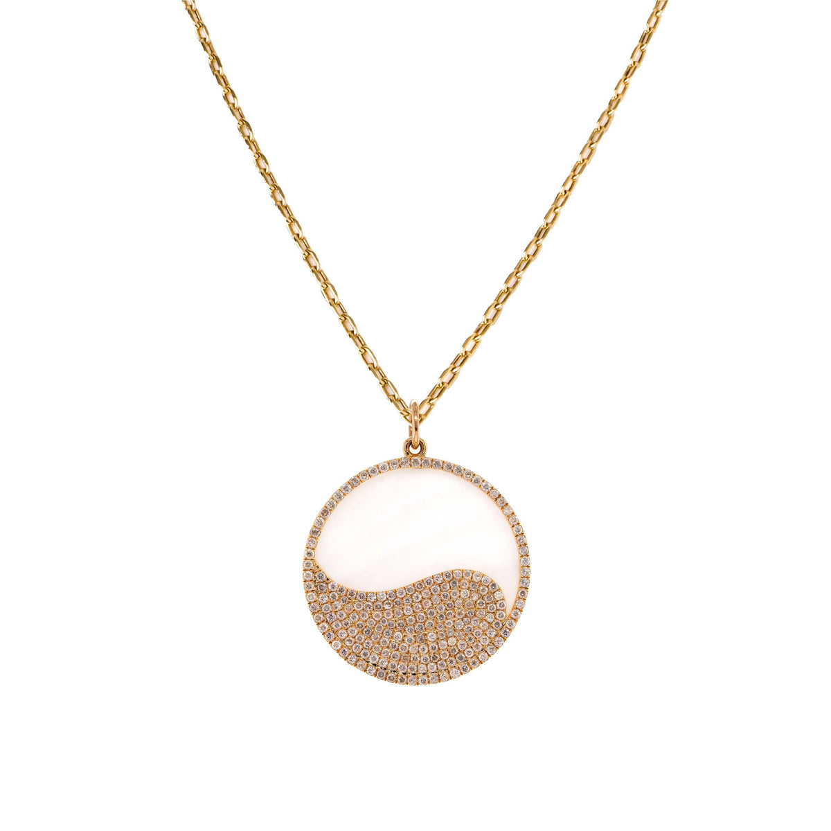 Mother-of-pearl Balance Medallion Necklace: 14K gold necklace featuring a diamond pendant with a yin and yang design 