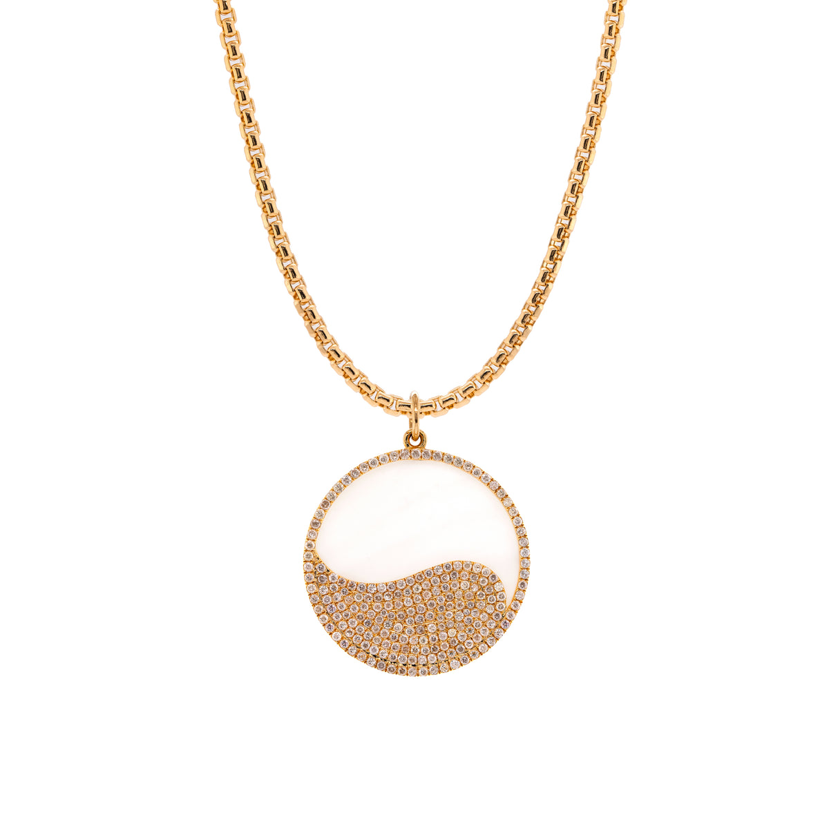 Mother-of-pearl Balance Medallion with 3mm Box Chain: 14K gold necklace featuring a diamond pendant with a yin and yang design 
