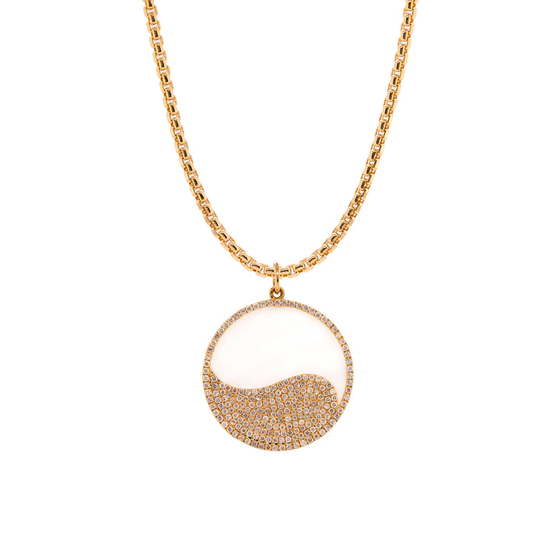Mother-of-pearl Balance Medallion with 3mm Box Chain: 14K gold necklace featuring a diamond pendant with a yin and yang design 