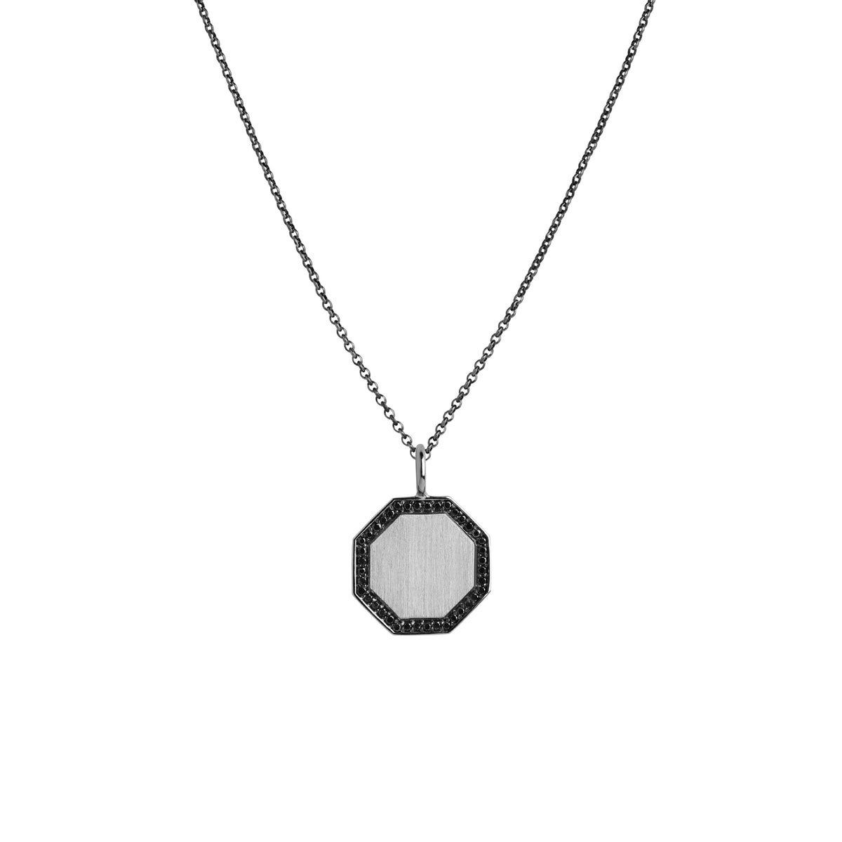 Octagon Black Diamond Necklace: A sterling silver black diamond pendant with an octagonal frame on a chain.