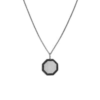 Octagon Black Diamond Necklace: A sterling silver black diamond pendant with an octagonal frame on a chain.