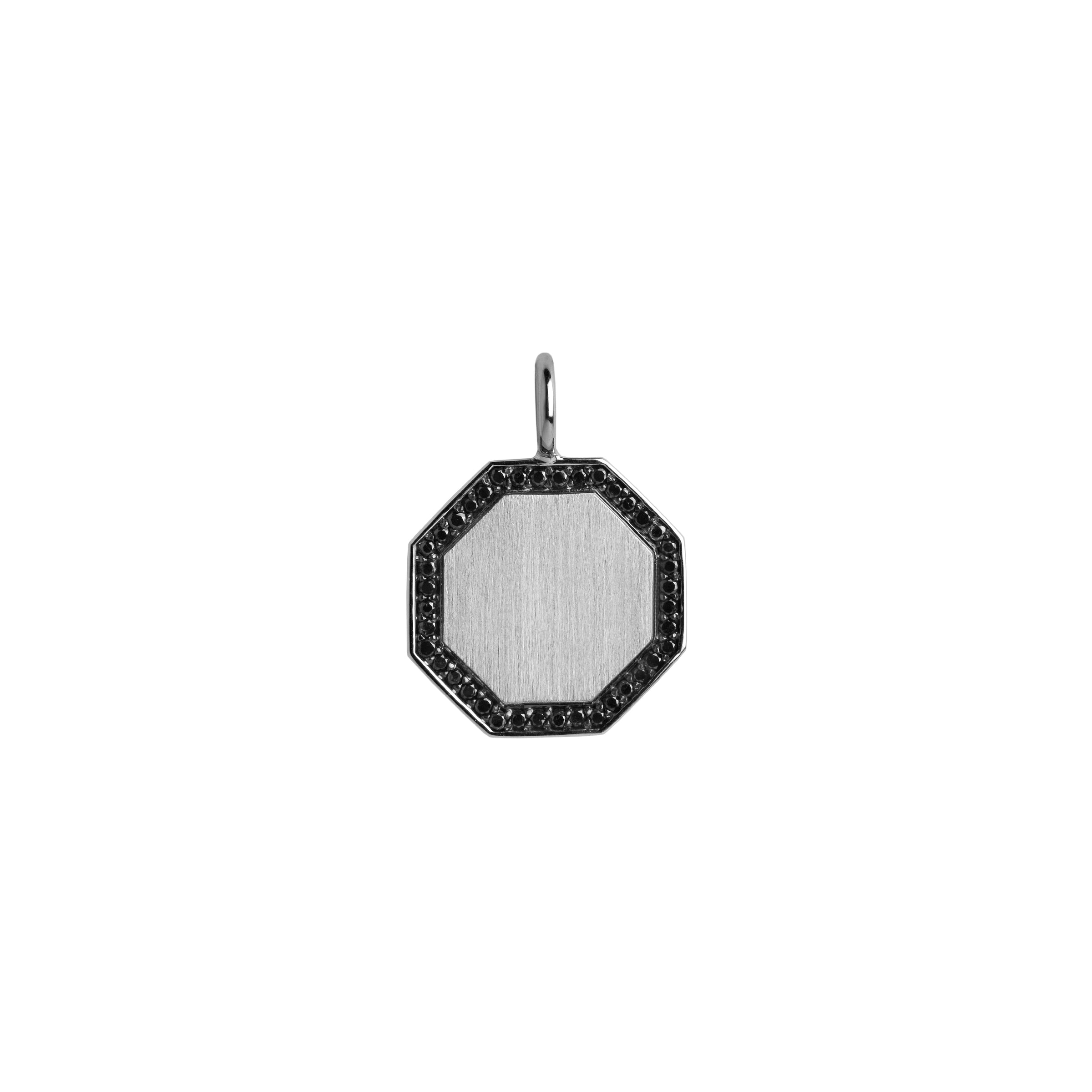 Octagon Black Diamond Pendant: A sterling silver black diamond pendant with an octagonal frame.