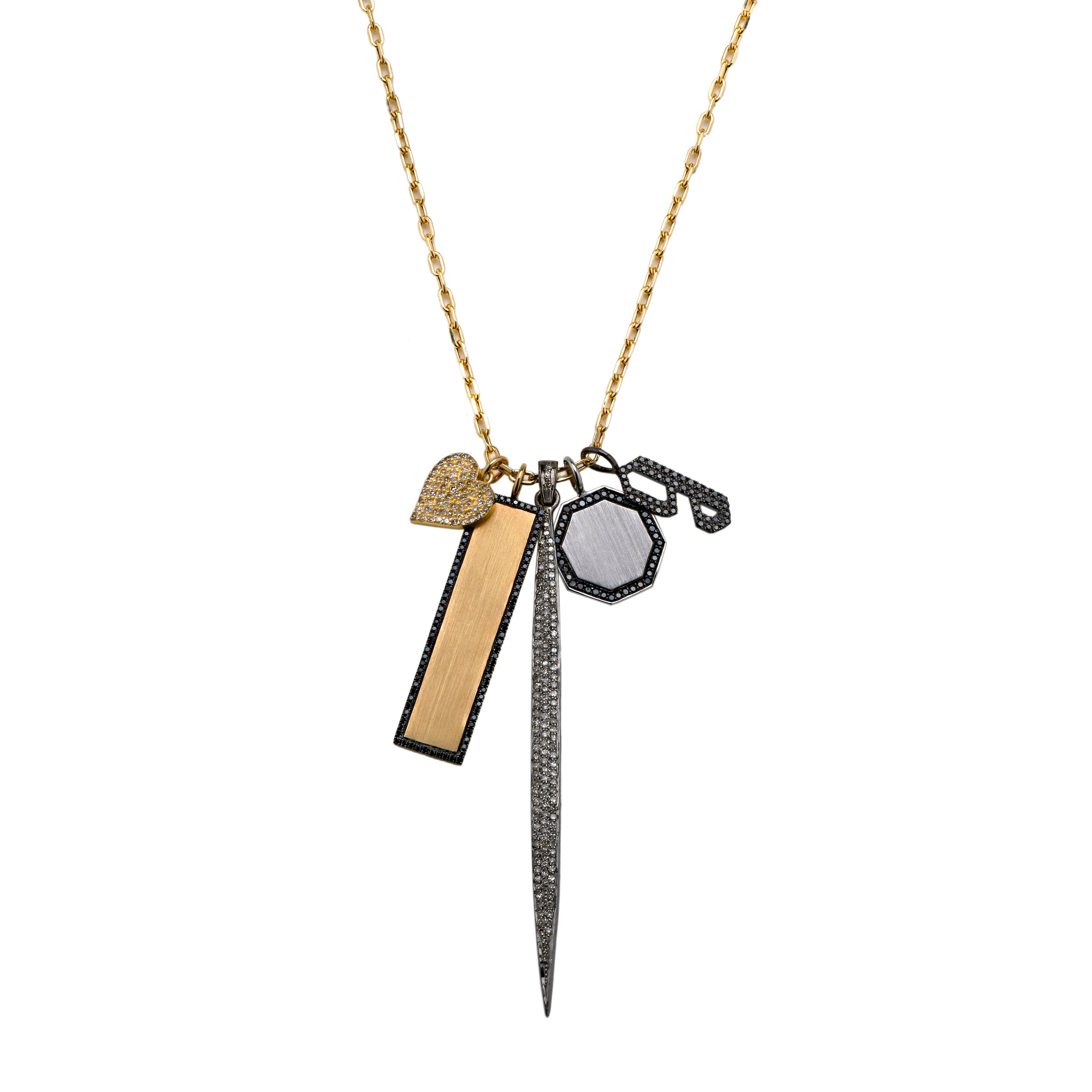 Charm Necklace including the Octagon Black Diamond Pendant, the Small White Diamond Alphabet Pendant, the Black Diamond Dog Tag, the Diamond Heart Pendant, and the 3' Champagne Diamond Spear Pendant