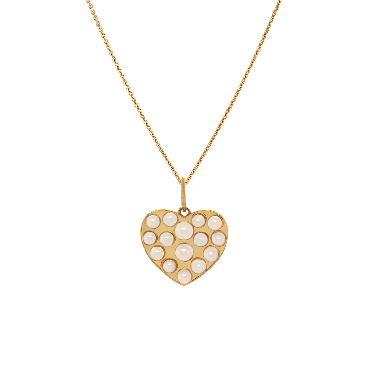 Pearl Heart Necklace: A 14K gold heart-shaped pendant with a string of pearls in the center, on a chain