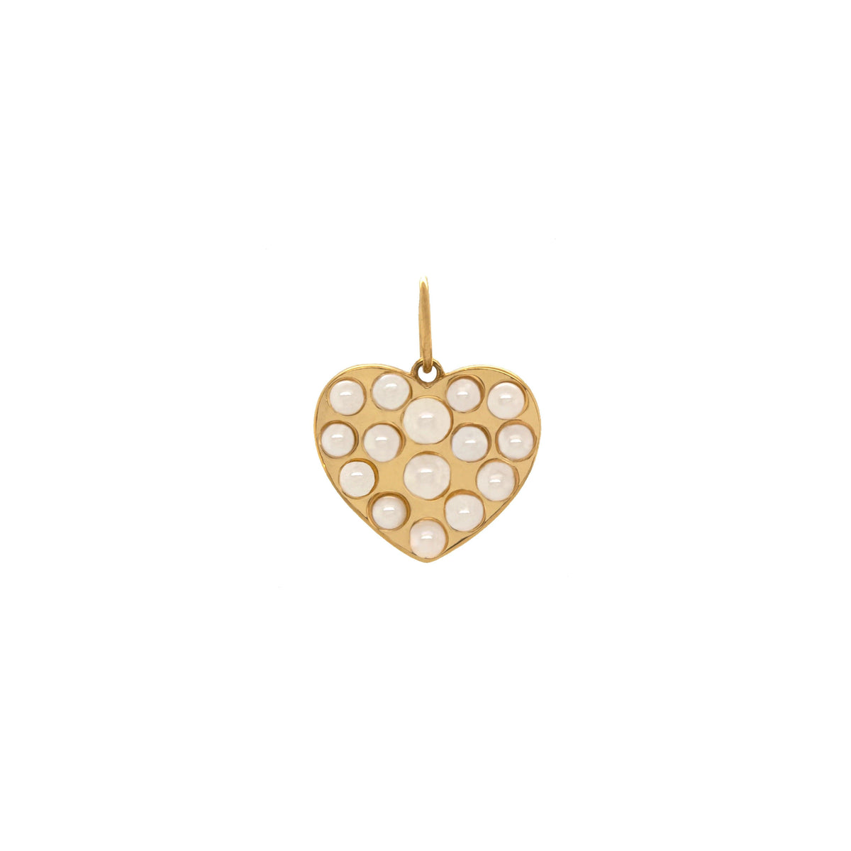Pearl Heart Pendant: A 14K gold heart-shaped pendant with a string of pearls in the center, on a chain