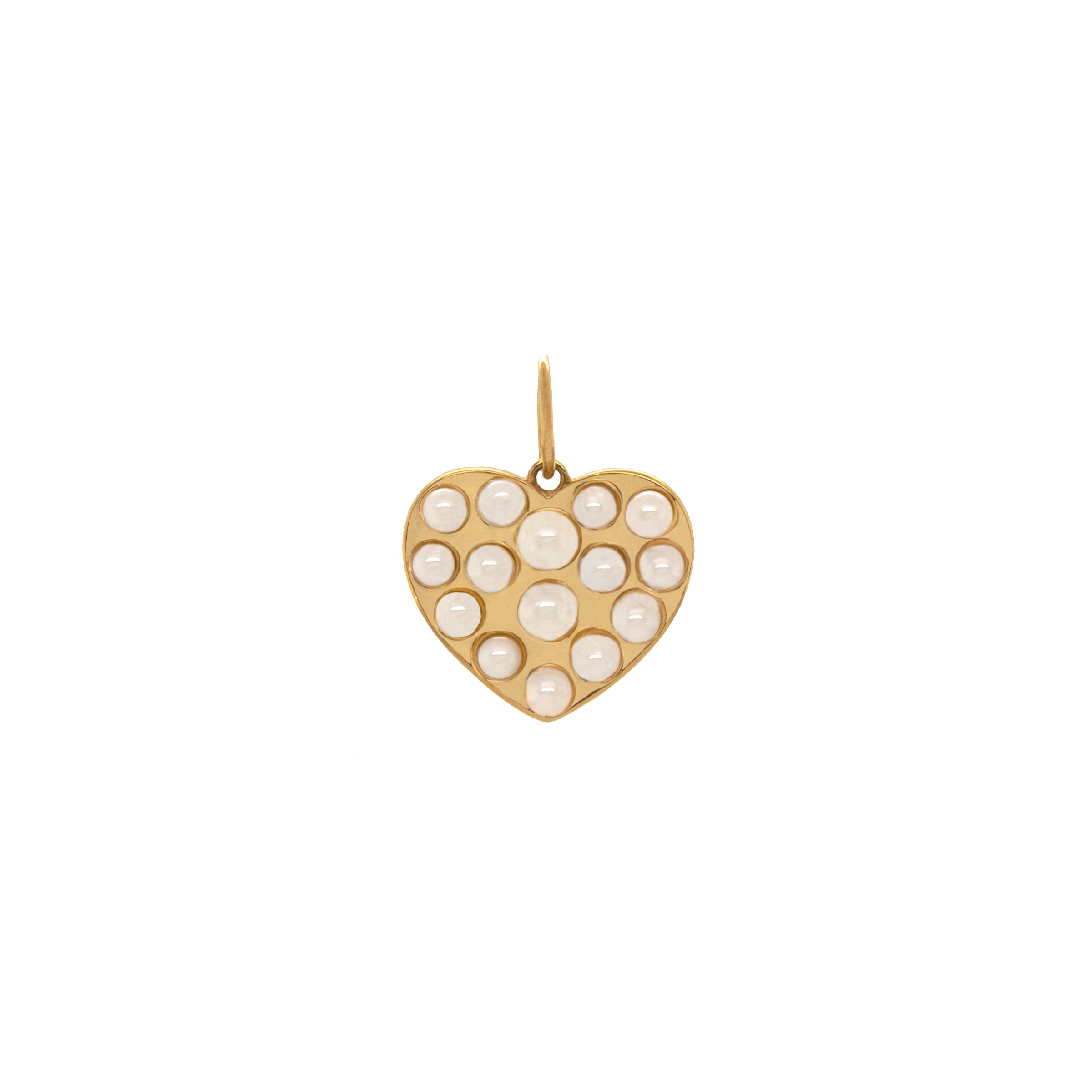 Pearl Heart Pendant: A 14K gold heart-shaped pendant with a string of pearls in the center, on a chain