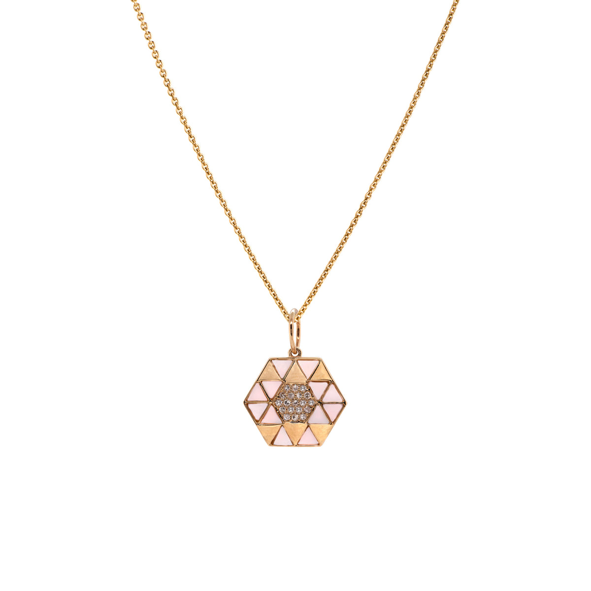 Pink Opal Symmetry Necklace: A yellow gold pendant featuring a geometric pattern with pink opal and diamond accents on a chain.