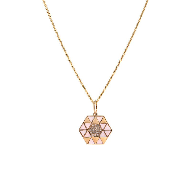 Pink Opal Symmetry Necklace: A yellow gold pendant featuring a geometric pattern with pink opal and diamond accents on a chain.