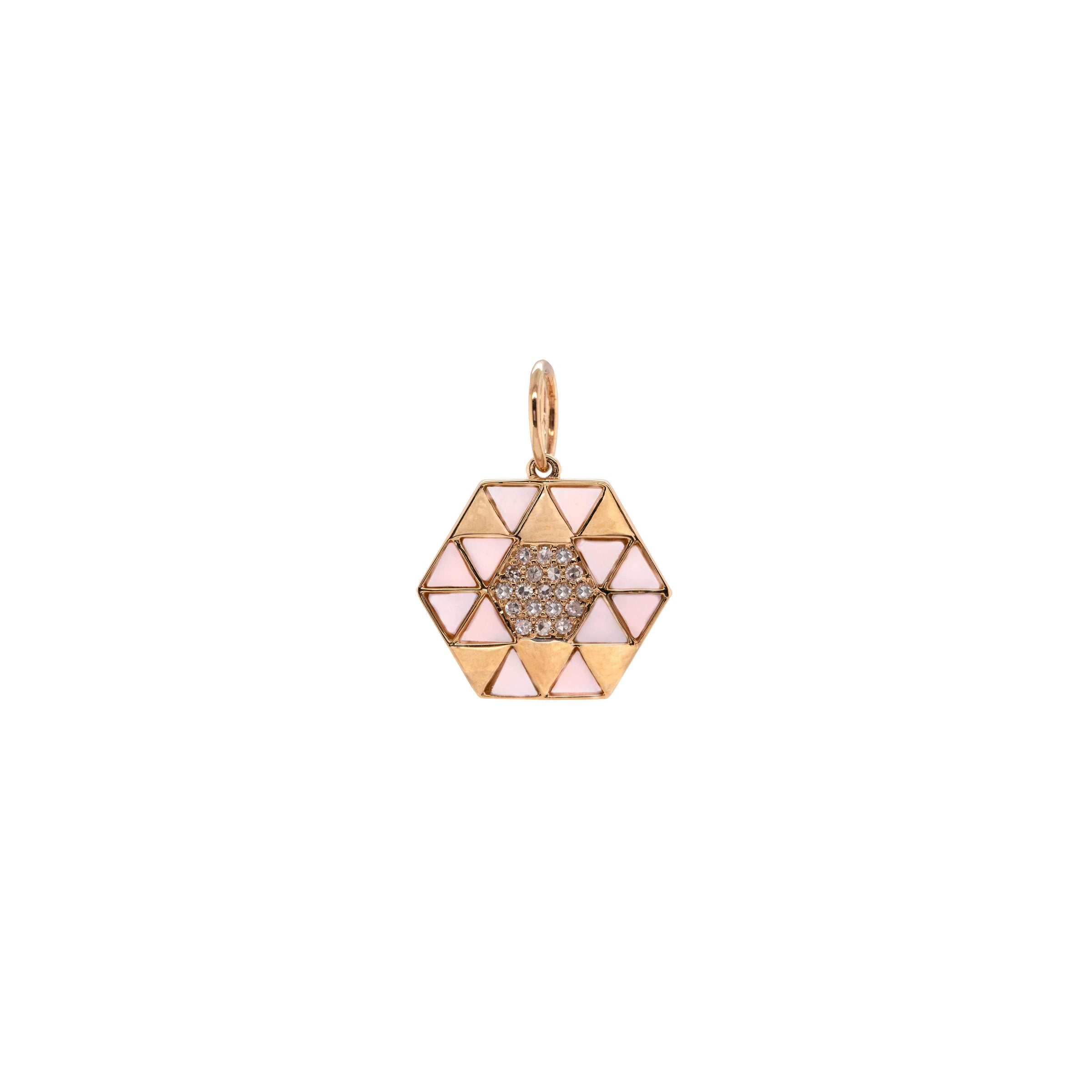 Pink Opal Symmetry Pendant: A yellow gold pendant featuring a geometric pattern with pink opal and diamond accents.
