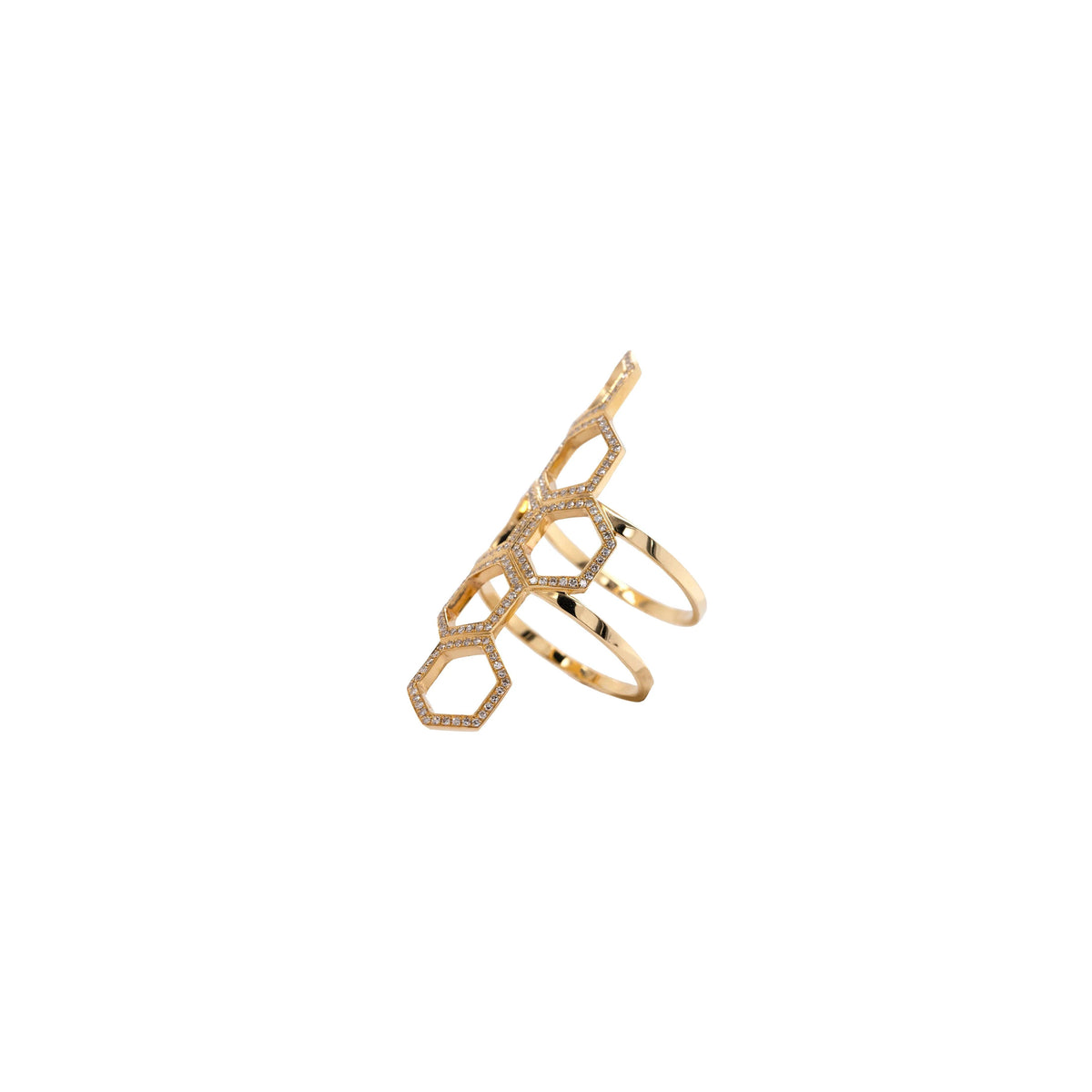 Queen Bee Ring: 14K gold diamond ring with a honeycomb pattern.