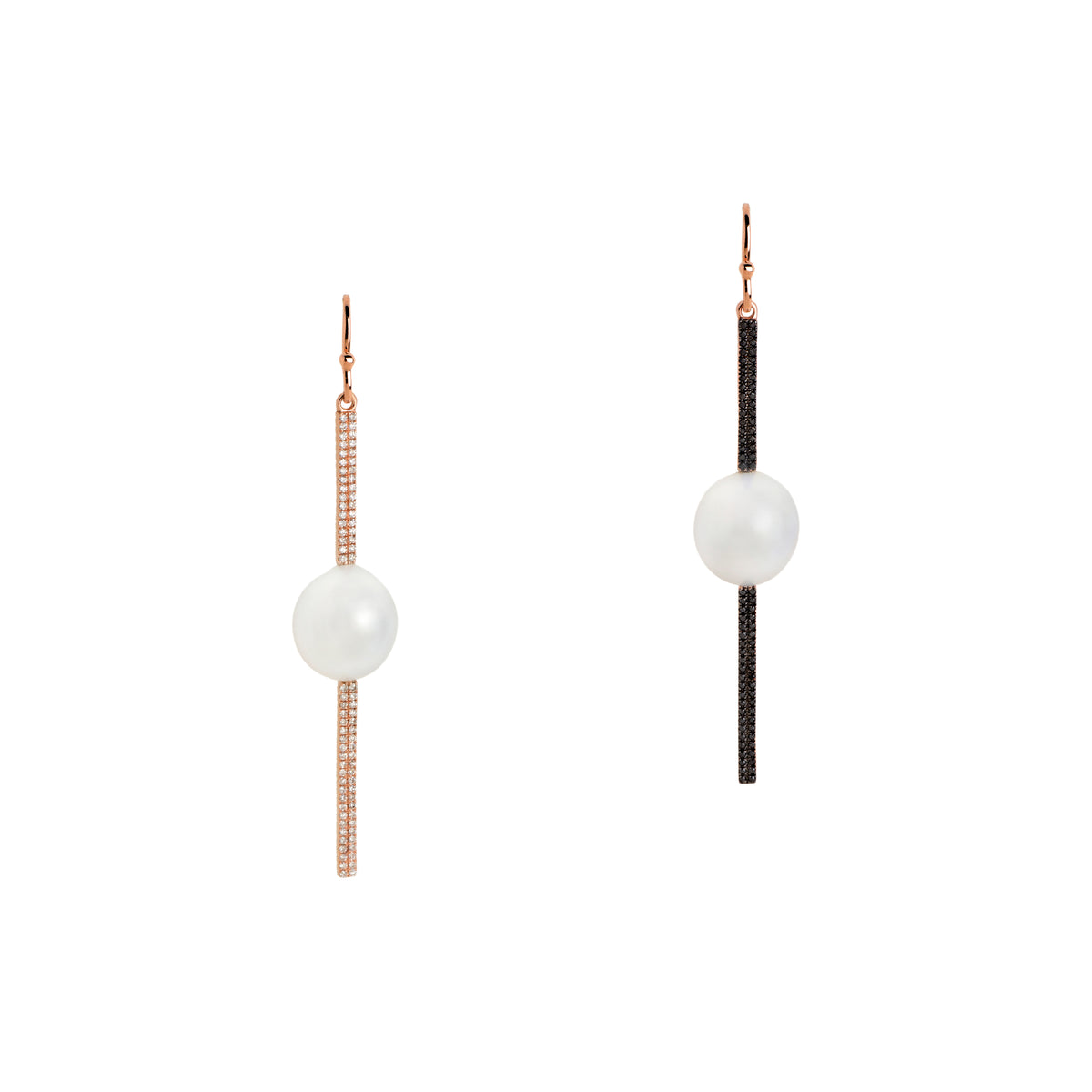 Reversible Diamond and Pearl Stick Earrings: a pair of 14K gold diamond stick earrings with a pearl in the center of each, both are reversible with white diamonds on one side and black diamonds on the other