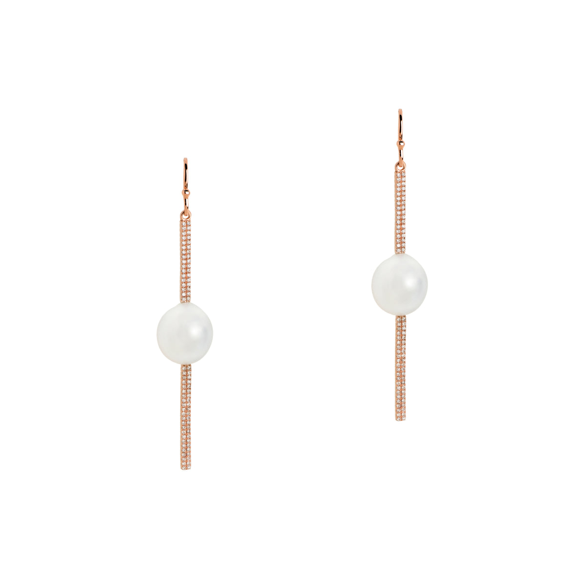 Reversible Diamond and Pearl Stick Earrings: a pair of 14K gold diamond stick earrings with a pearl in the center of each, both are reversible with white diamonds on one side and black diamonds on the other
