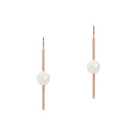 Reversible Diamond and Pearl Stick Earrings: a pair of 14K gold diamond stick earrings with a pearl in the center of each, both are reversible with white diamonds on one side and black diamonds on the other