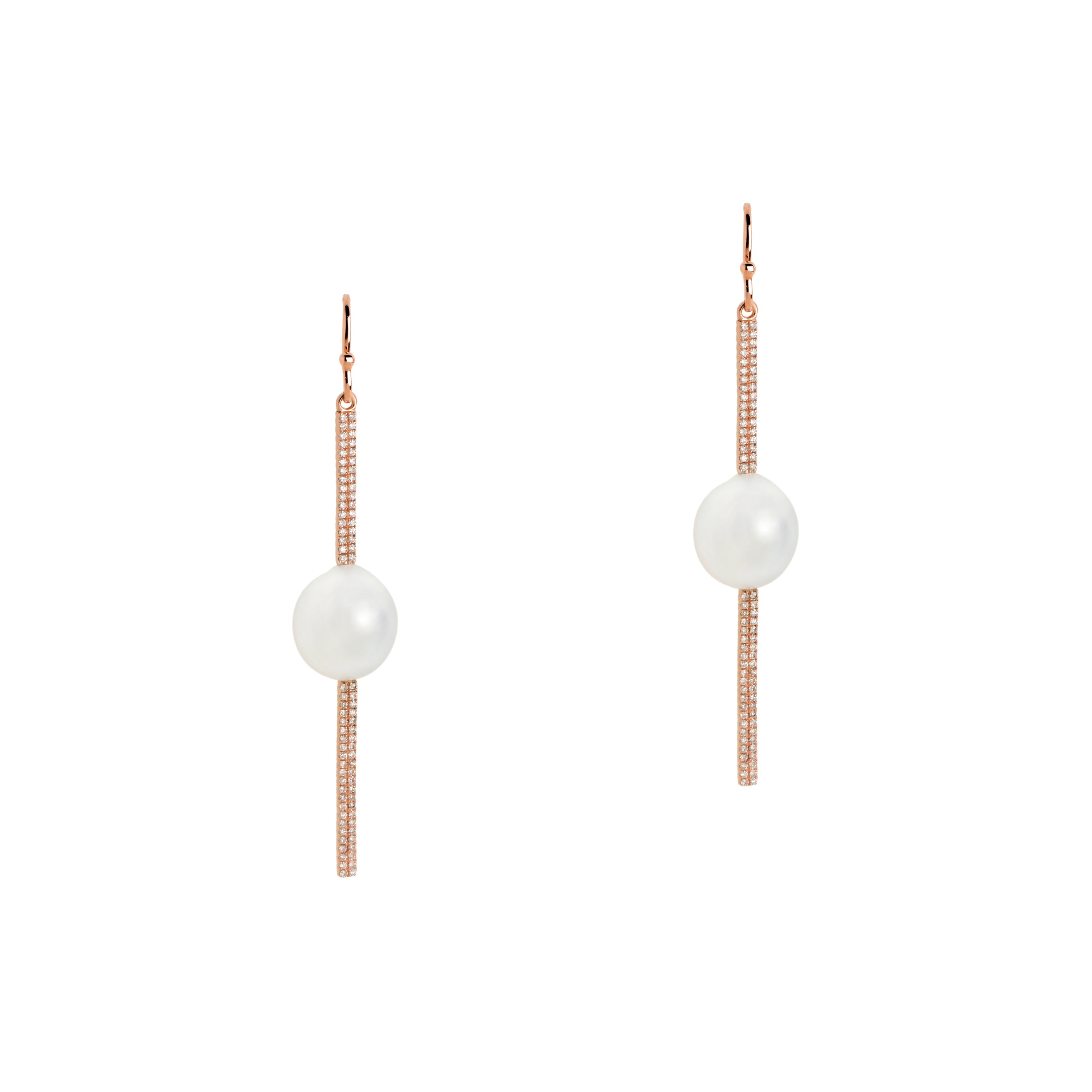 Reversible Diamond and Pearl Stick Earrings: a pair of 14K gold diamond stick earrings with a pearl in the center of each, both are reversible with white diamonds on one side and black diamonds on the other