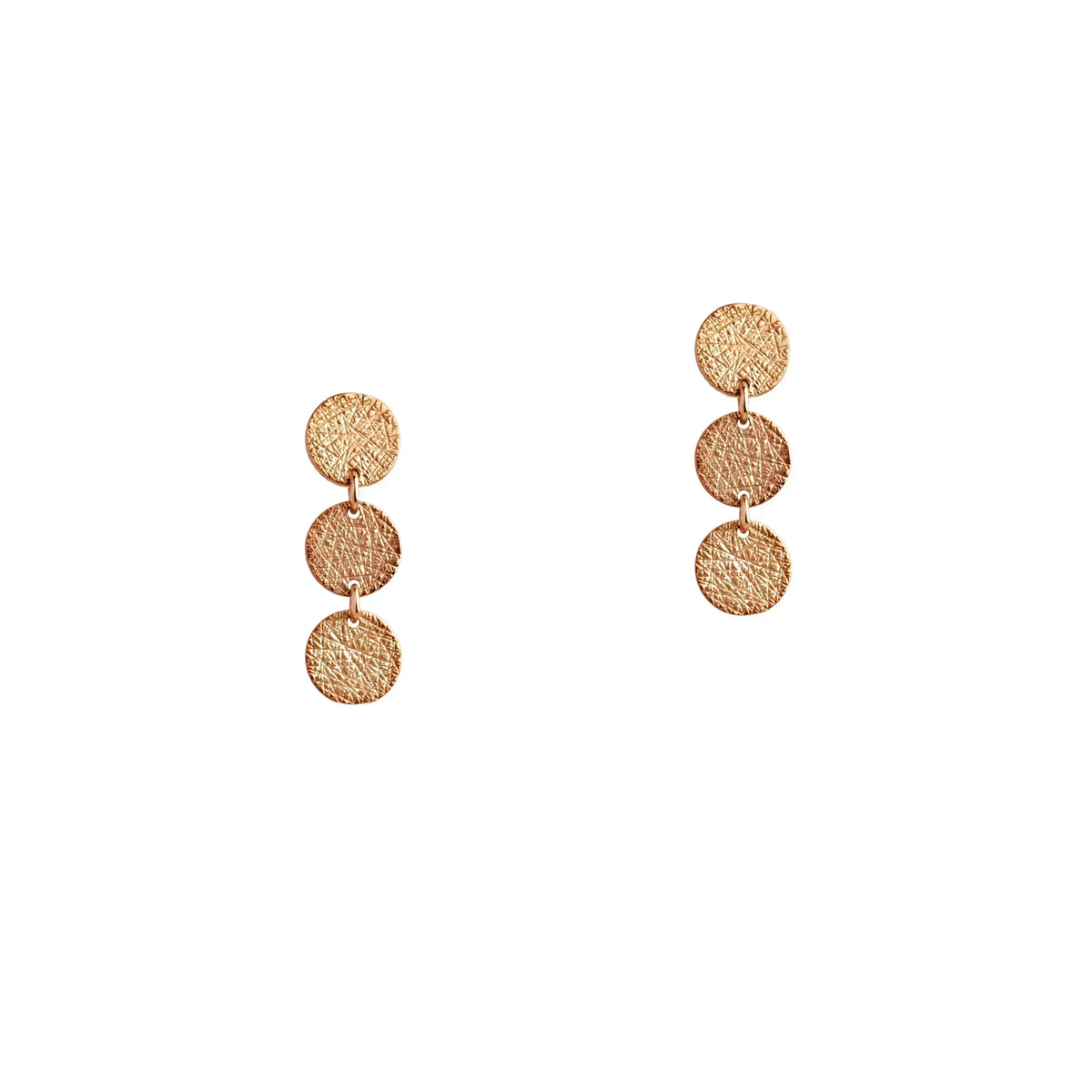 Rose Gold 3-Dot Earrings: a pair of 14K gold earrings with three textured dots design