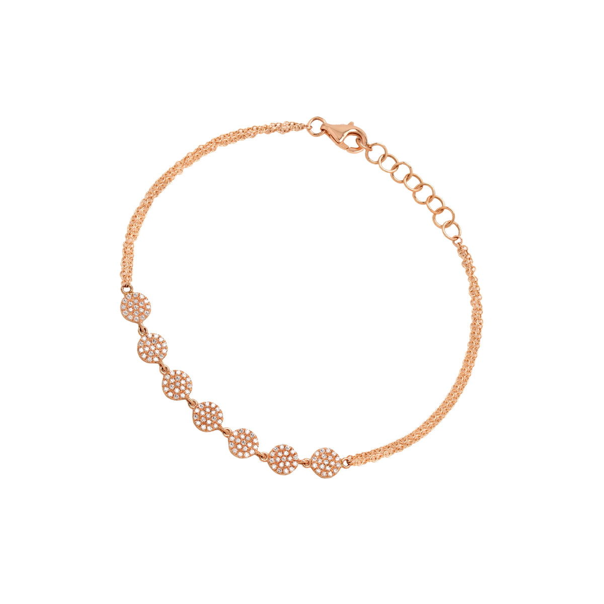 Rose Gold 7-Dot Diamond Bracelet: A 14K gold bracelet with diamond dots, featuring a lobster clasp fastening.