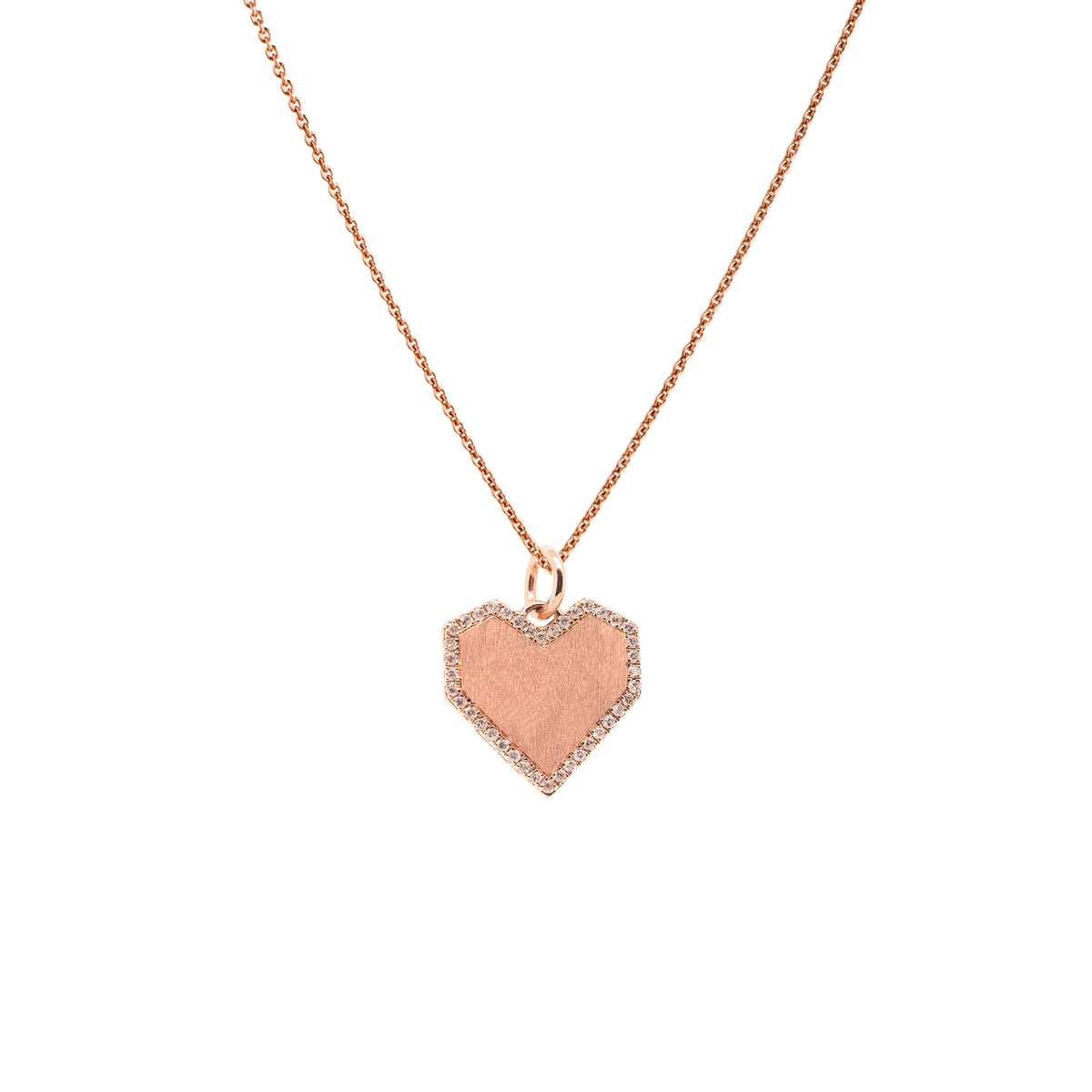 Rose Gold Angular Heart Necklace: A 14K gold diamond pendant in the shape of a heart with a gold chain.