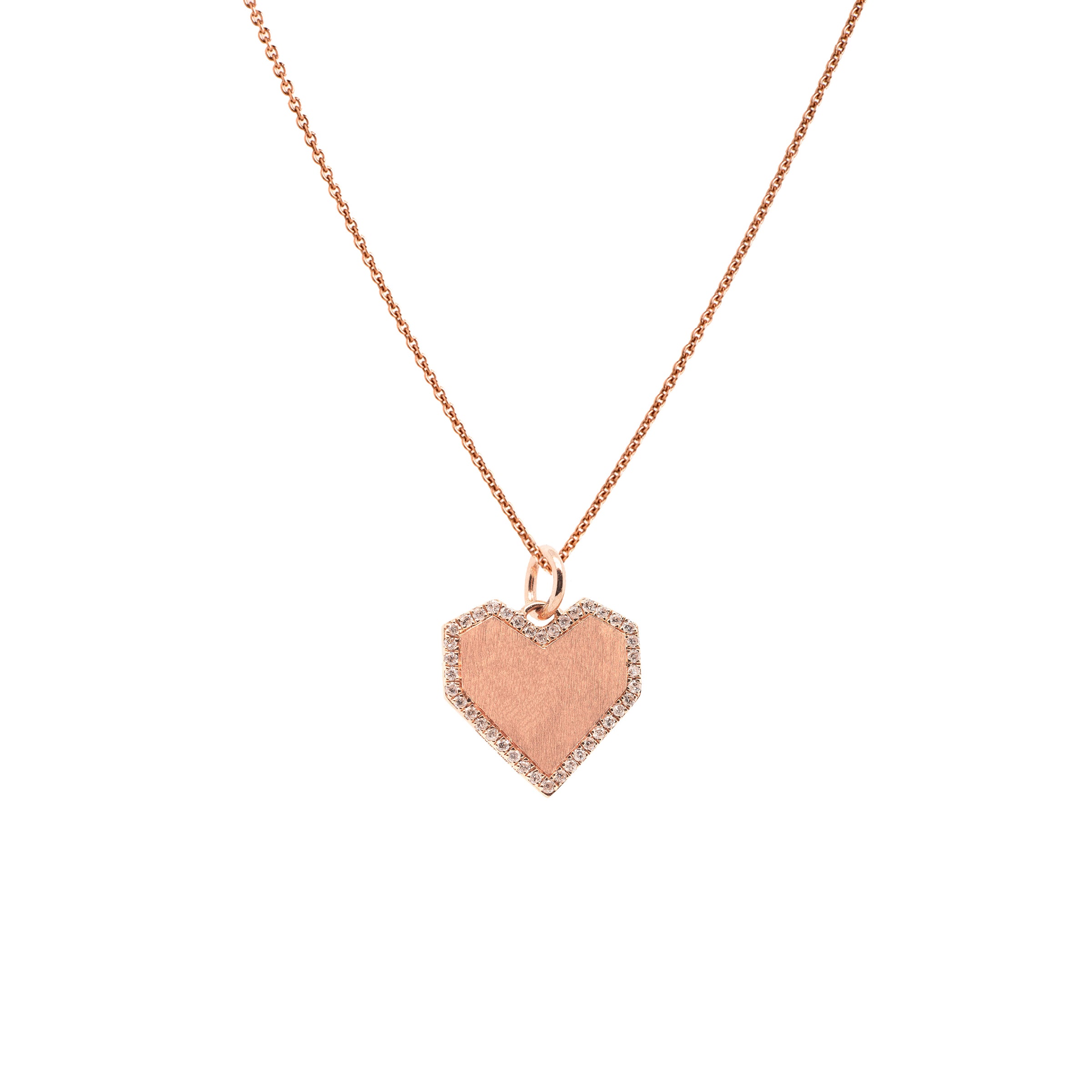 Rose Gold Angular Heart Necklace: A 14K gold diamond pendant in the shape of a heart with a gold chain.