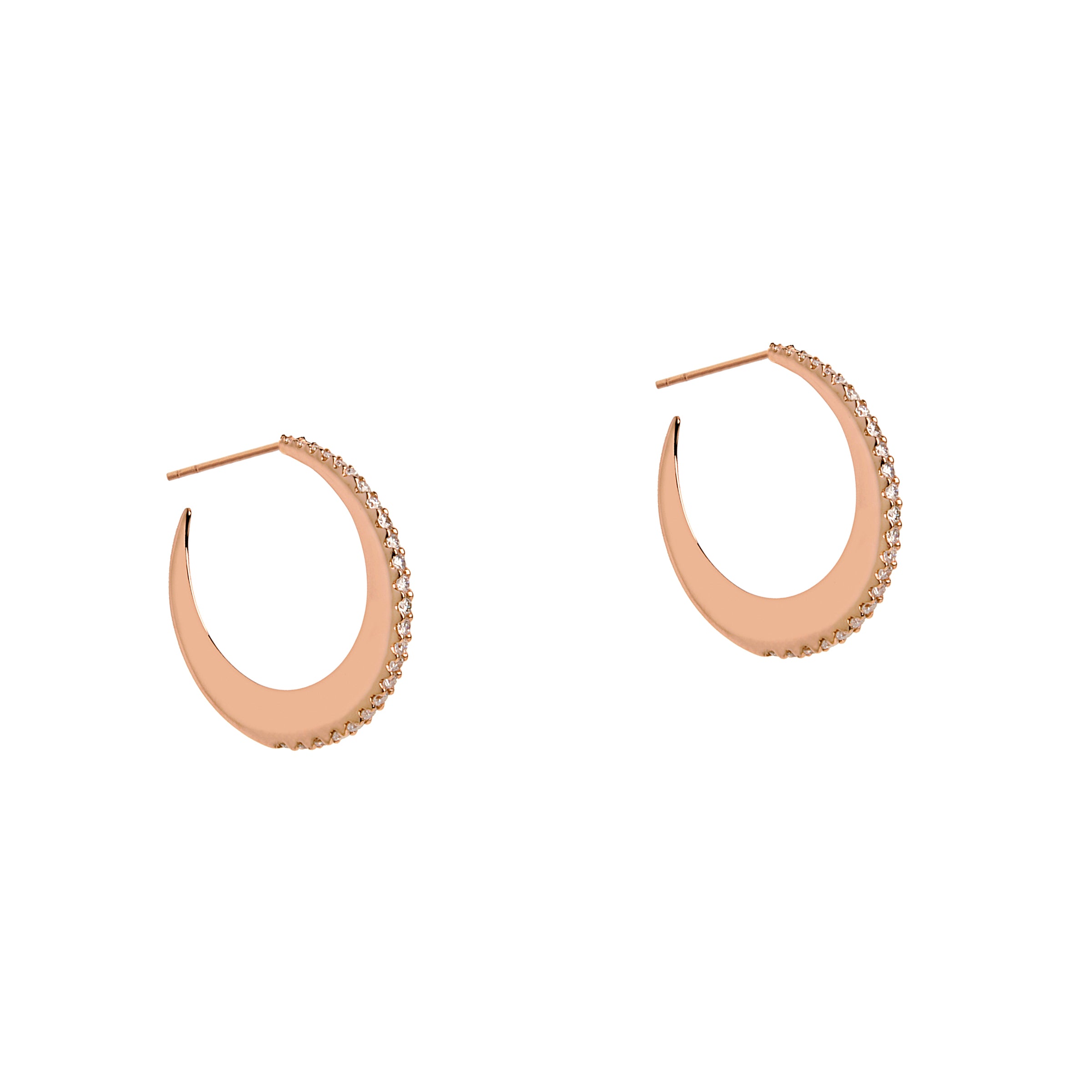 Rose Gold Baby Diamond Moon Hoops:  a pair of 18K Gold hoop earrings with diamond accents