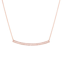 Rose Gold Curved Open Bar Diamond Necklace: A 14K gold diamond necklace with a lobster clasp fastening, featuring a series of round diamonds along the bar.