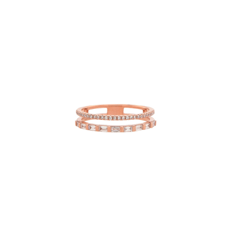 Rose Gold Deco Ring: 14K Gold ring with a row of round diamonds and a row of baguette diamonds